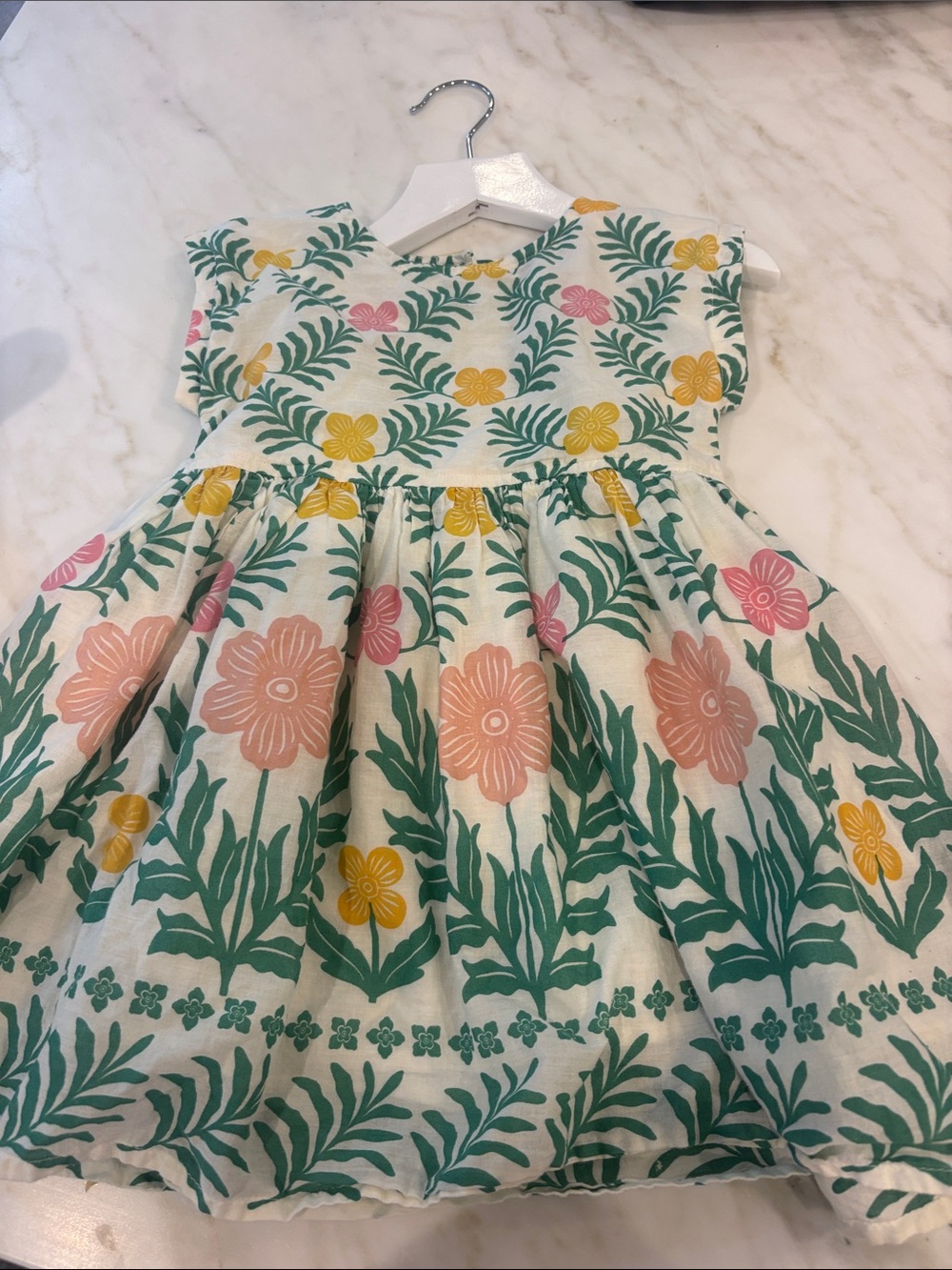 Pink Chicken Floral Cotton Dress in Pink, Yellow & Green